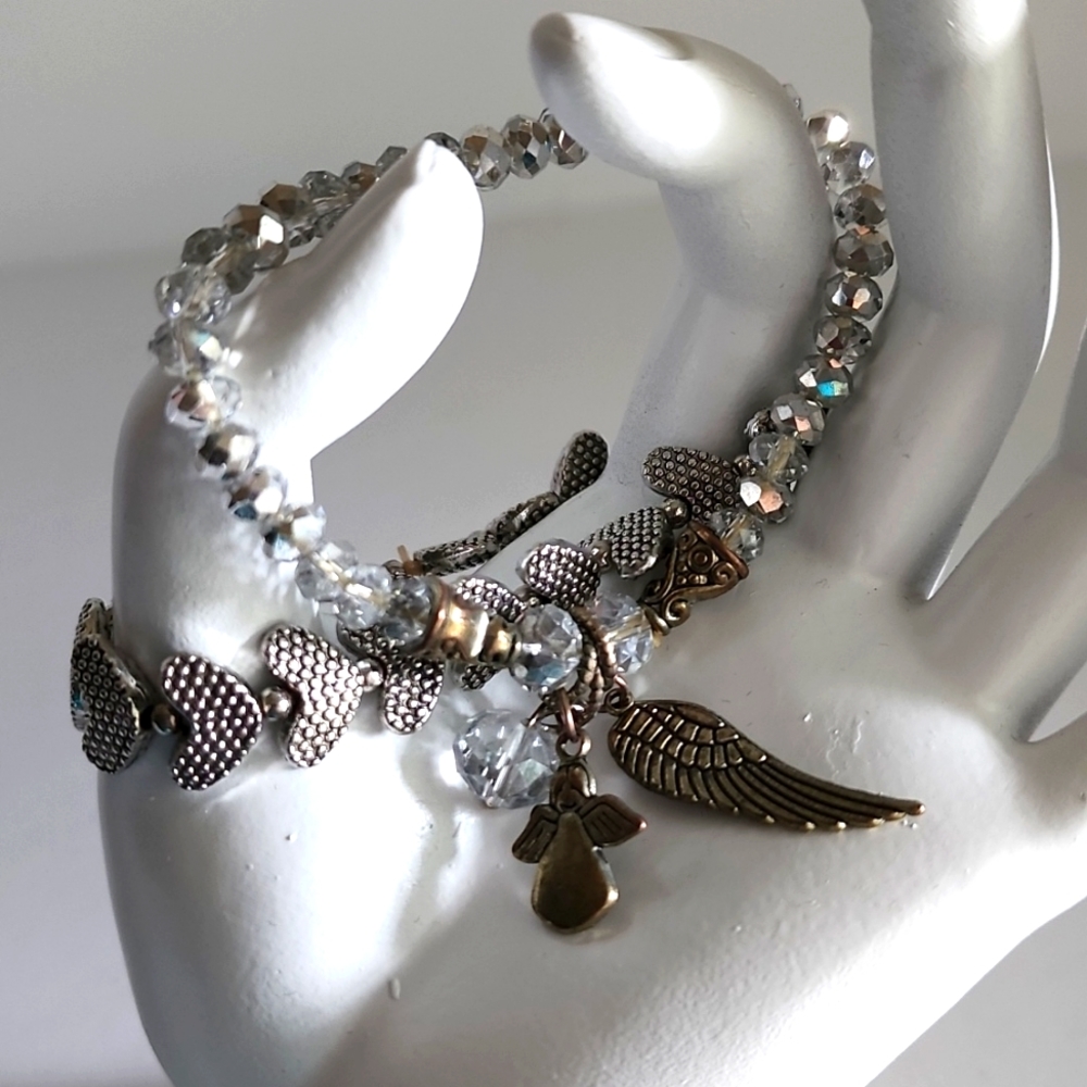 Beaded Charm Heart Elastic Bracelet Set